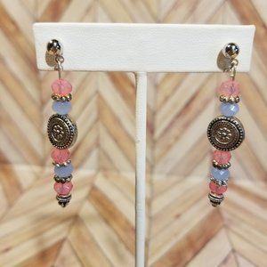 Blue, Pink, and Silver Floral Dangling Stud Earrings